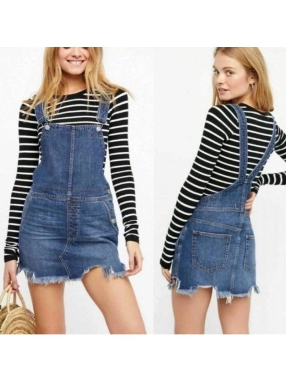 Free People Fray Hem Denim Mini Overall Dress Blue 4